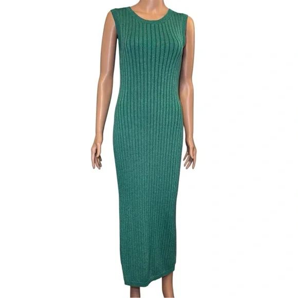 House of Harlow 1960 Ribbed Shimmer Green Maxi Open Back Bodycon Dress Sz Medium - Picture 1 of 10
